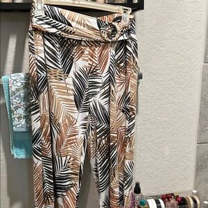 Robert Louis Black and Brown Leaf Print Wide Leg Pants